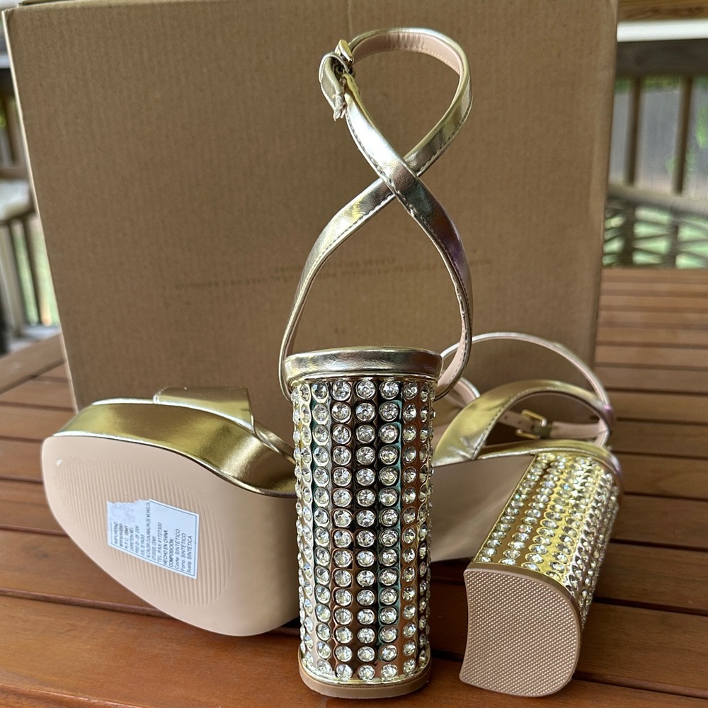 Gold Platform Ankle-Strap Sandal with Crystal Block Heel NWOT - Picture 9 of 9